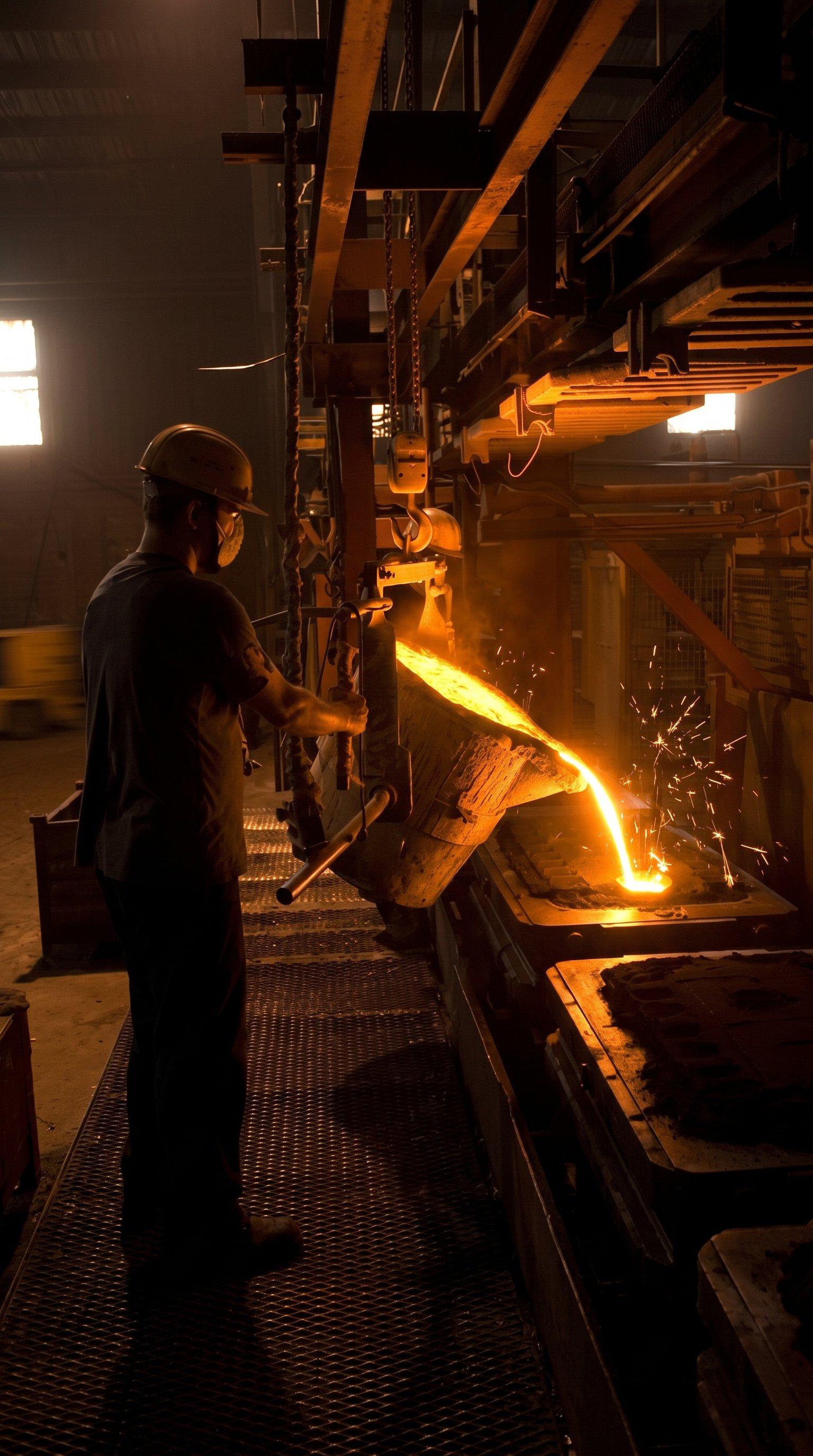 Foundry worker pouring molten metal during manufacturing