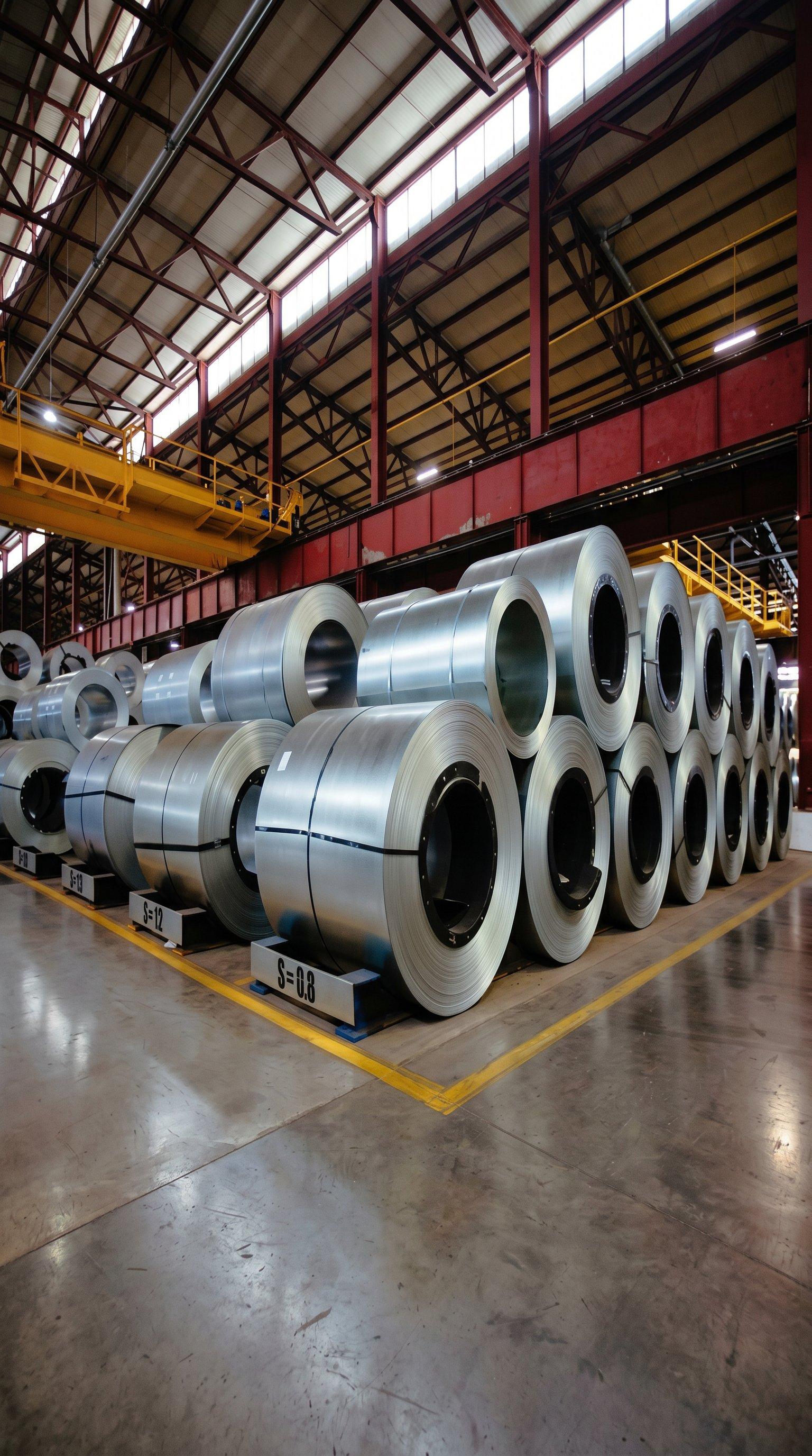 Rolls of steel coil stacked in a steel mill