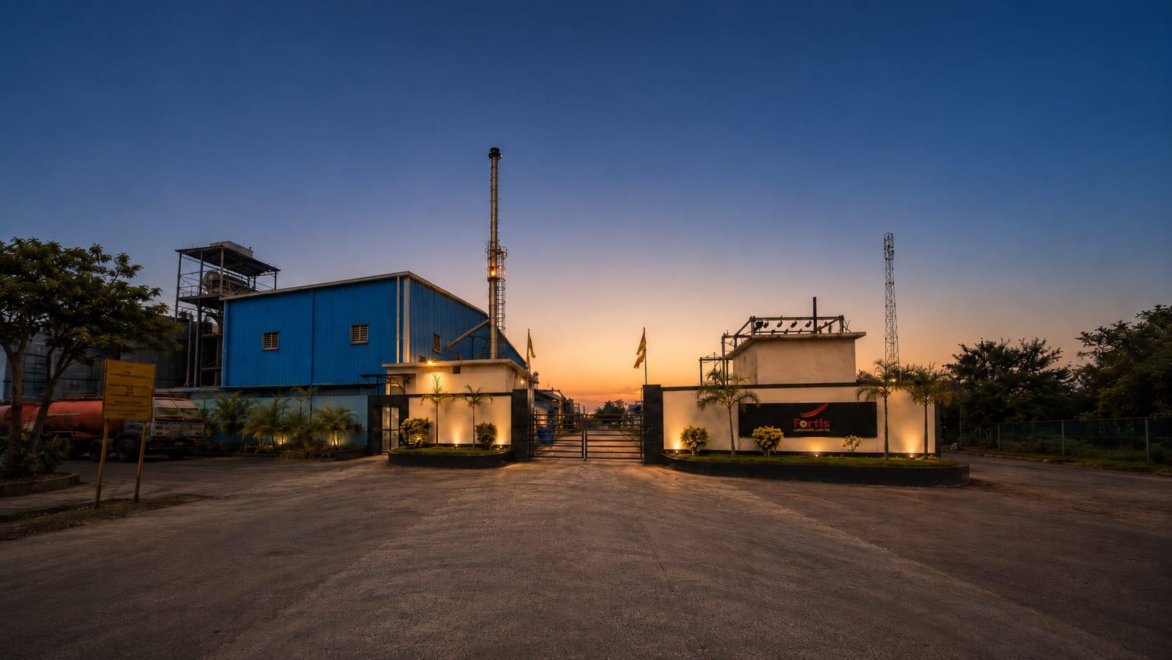 Fortis Chemicals manufacturing plant in Jharsuguda at dusk