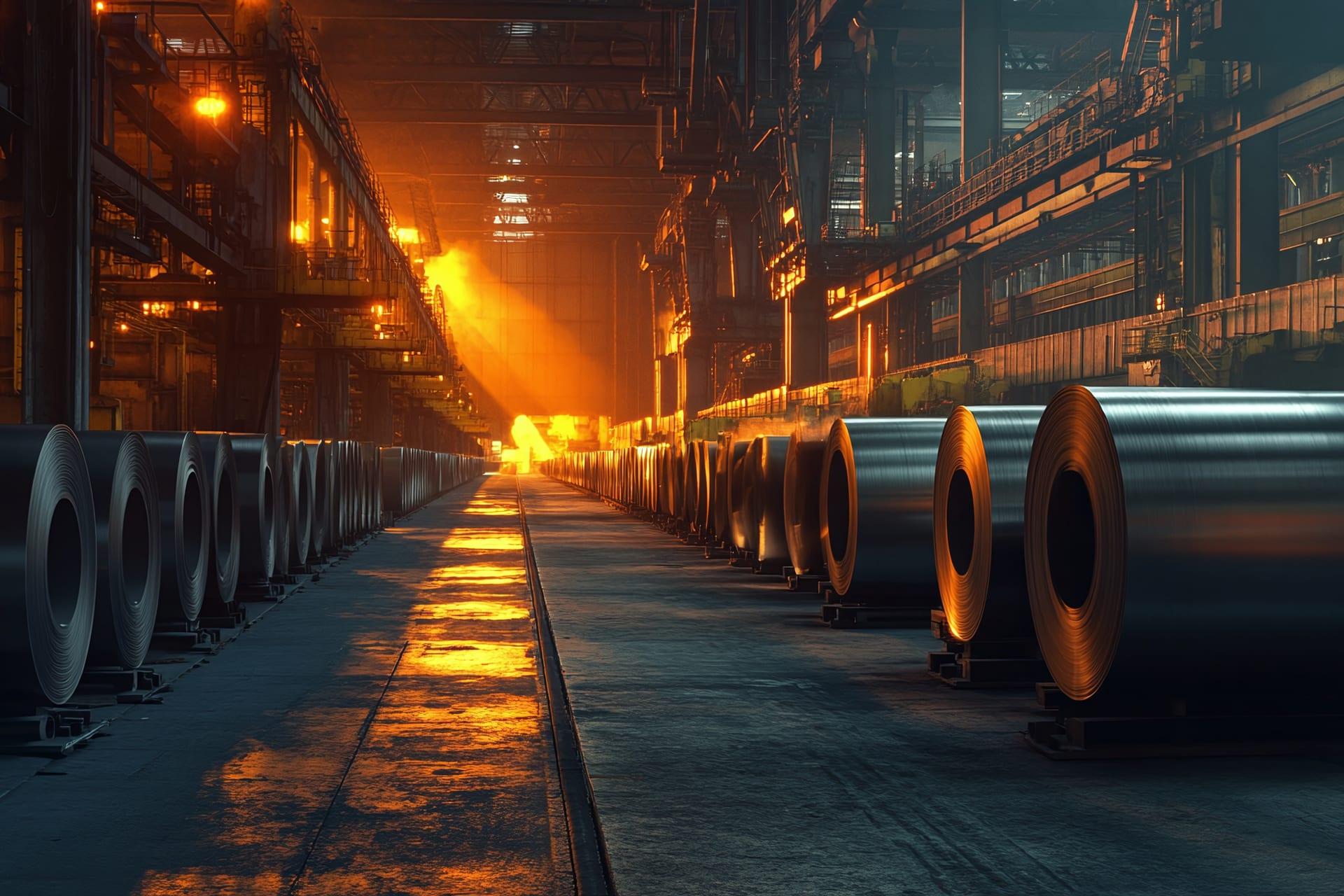Hot-rolled steel coils on a mill line at a refractory-lined furnace