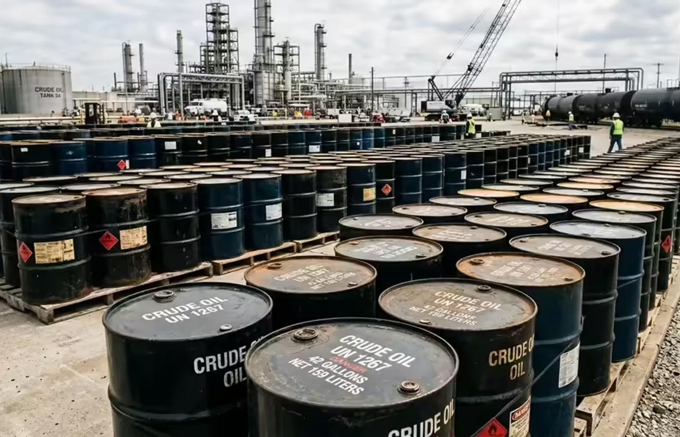 Rows of crude oil barrels stored at a fuel depot