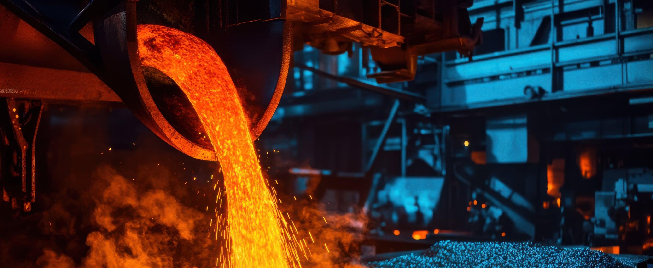 Molten metal pouring from a ladle inside a foundry