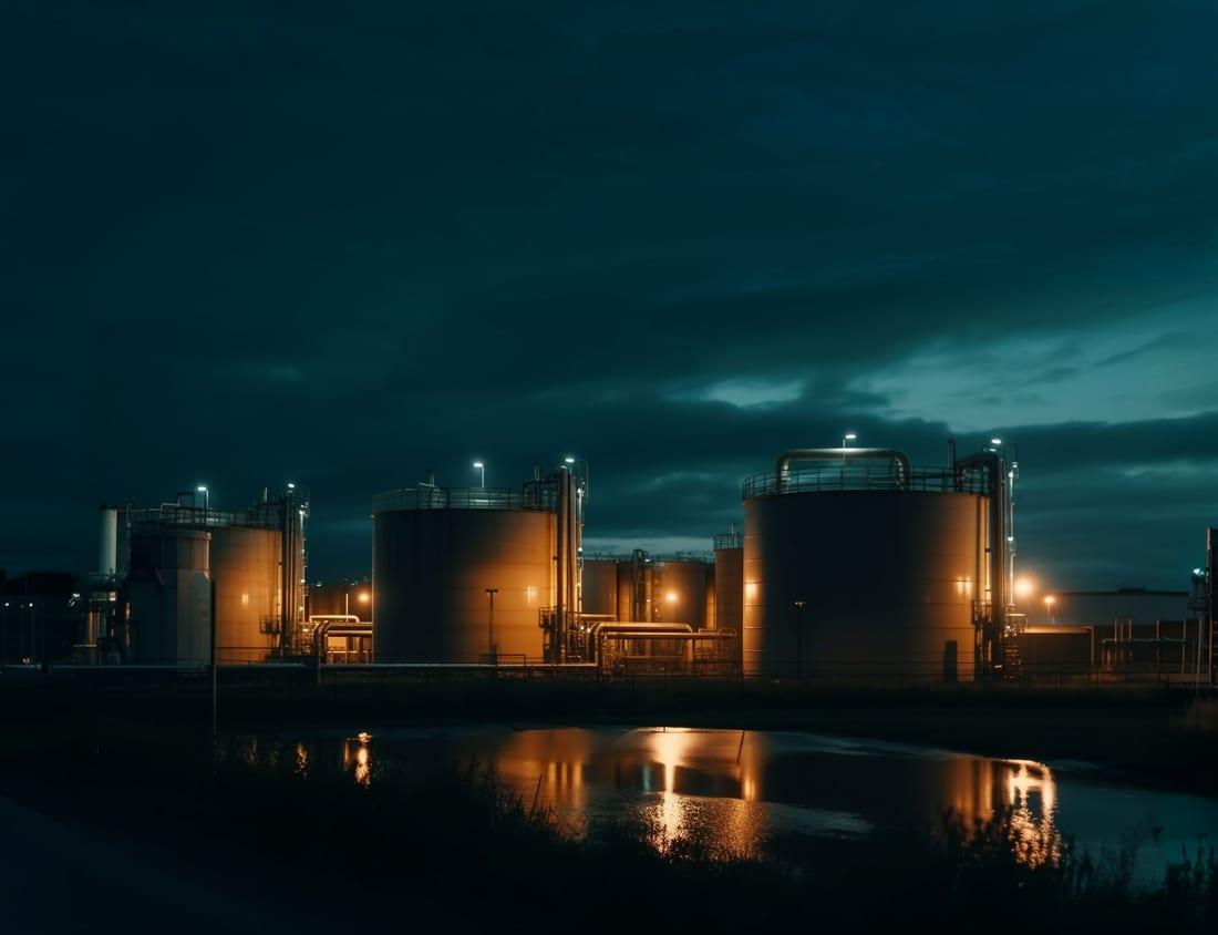 Illuminated fuel refinery and storage tanks at night